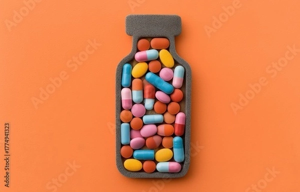 Fototapeta Silhouette of a bottle filled with colorful pills set against a bright orange background creates a striking visual