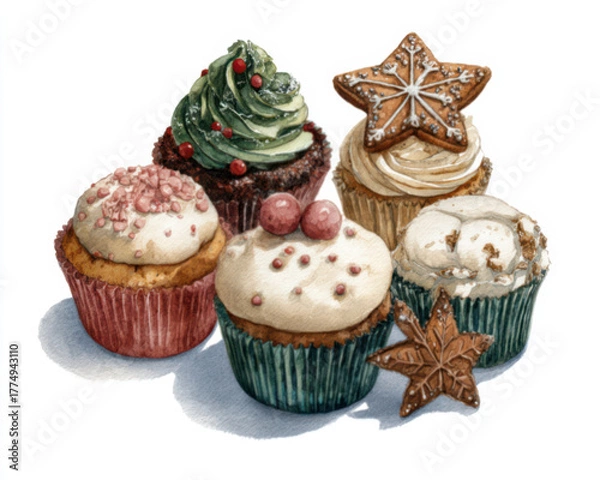 Fototapeta Assortment of five Christmas cookies and cupcakes in a group isolated on a plain white background. Watercolor style.