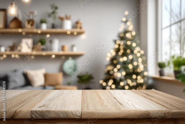 Fototapeta Empty wooden table top with a blurred background of a christmas tree and lights for a product display montage