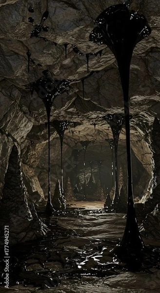 Fototapeta Dramatic cave interior with black elongated structures and dim lighting