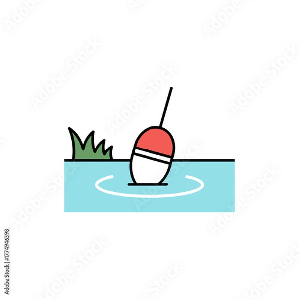 Fototapeta Fishing bobber floating on water surface, indicating a catch in a serene pond setting