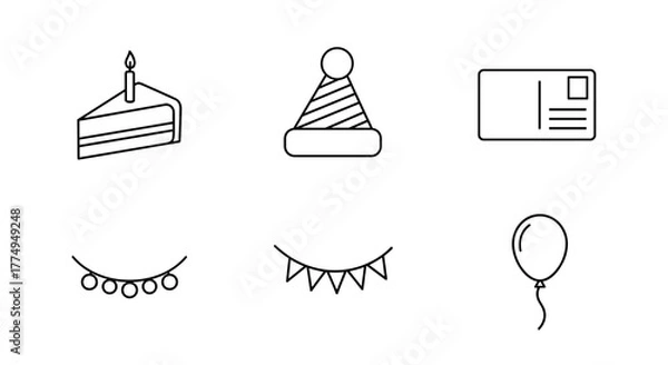 Fototapeta Collection of simple, isolated line icons suitable for web sites, books, cards, and apps, featuring a slice of cake with a candle, a festive holiday hat, a postcard, a garland of lights, and a