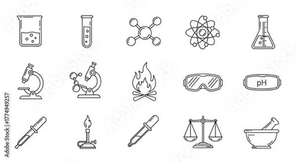 Obraz Collection of white outline icons representing chemistry and science on a black background, including beakers, test tubes, microscopes, molecular structures, atoms, flames, safety goggles, pH meters