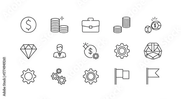 Fototapeta A collection of minimalistic, linear outline web icons representing business and finance concepts, including dollar signs, stacks of coins, a briefcase, a diamond, a businessman silhouette, gears