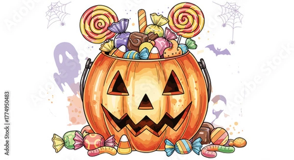 Fototapeta Vibrant watercolor illustration of a carved Halloween pumpkin overflowing with a delightful assortment of colorful candies, lollipops, and treats, set against a spooky black background with playful