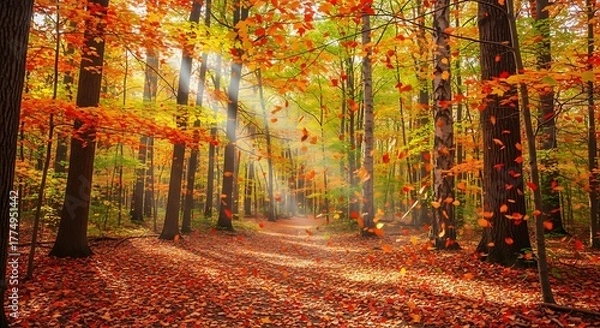 Fototapeta Sunbeams illuminate a forest path covered in autumn leaves.