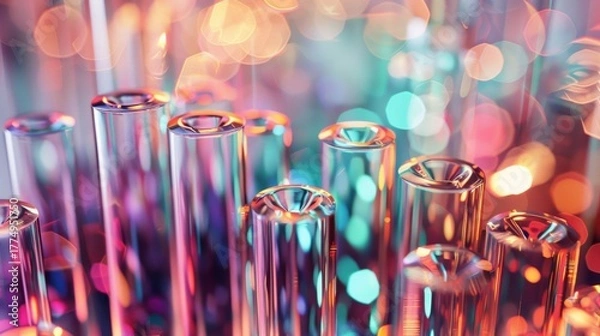 Fototapeta Glass test tubes containing glowing blue liquid in a futuristic lab, blurred background bokeh suggesting advanced scientific research and biotechnology