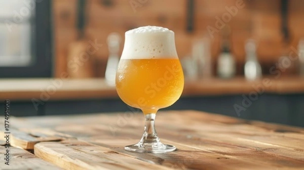 Fototapeta A full glass of golden, hazy craft beer with a thick white head of foam rests on a rustic wooden bar counter in a pub setting