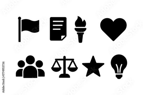 Fototapeta Set of minimalist black icons: flag, document, torch, heart, group, scales, star, bulb