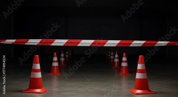 Obraz Red and white barrier tape stretched across a boundary marked by cones, visually restricting access to a prohibited area or limited zone ,danger ,access ,forbidden