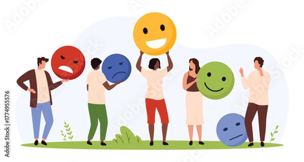Obraz Group of people displaying various emotional expressions with large emoji faces, representing feedback, mood diversity, and emotional communication in a flat isolated vector illustration