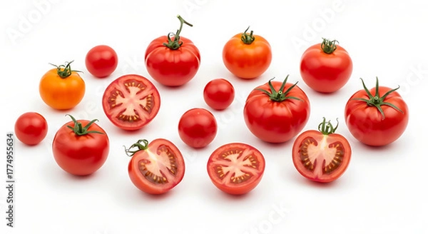 Fototapeta A vibrant arrangement of ripe red tomatoes, both whole and halved, showcasing their fresh texture and natural appeal, perfect for culinary inspiration and healthy eating