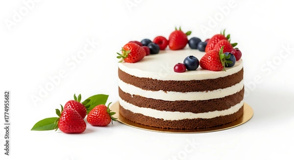 Fototapeta Sweet layered cake, decorated with fresh strawberries, blueberries, and raspberries, on a golden stand against a white background, ideal for dessert or celebration