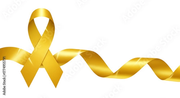 Fototapeta Elegant shimmering golden satin ribbon, forming a symbolic loop and extending gracefully, representing global awareness, support, and solidarity for important social and health initiatives