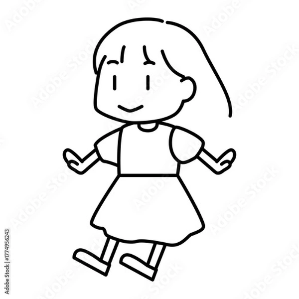 Fototapeta 横向きの笑顔の女の子キャラクターの白黒線画ベクターイラスト