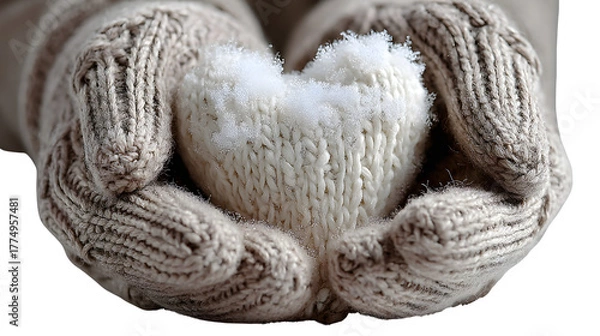 Fototapeta Soft woolen gloves holding a heart-shaped snowball, representing warmth and love in winter isolated on white background