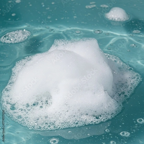 Obraz Luxurious white foam and airy bubbles floating on the surface of clear, warm bath water, evoking feelings of relaxation and spa treatment, skincare, freshness, warm