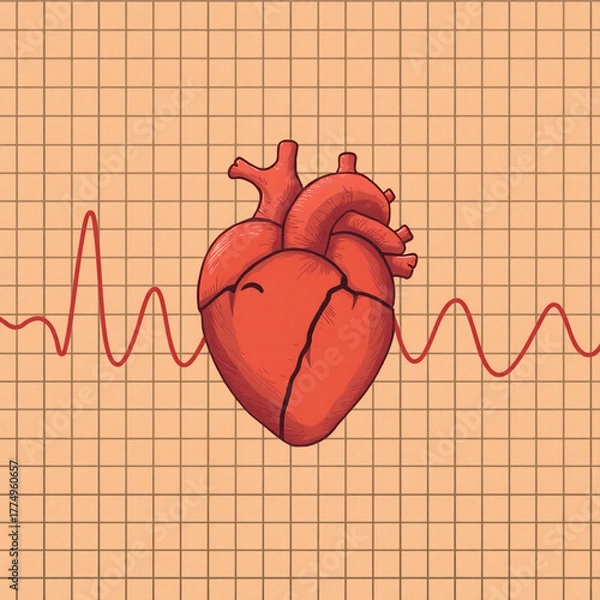 Fototapeta An adorable, charming human heart sits on a brown and beige ECG graph background, rendered in muted natural earth tones