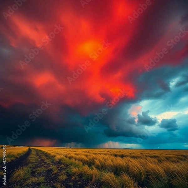 Fototapeta Warm intense dramatic weather Resplandor dorado breaks the black void stormy skies high tension reds oranges yellows