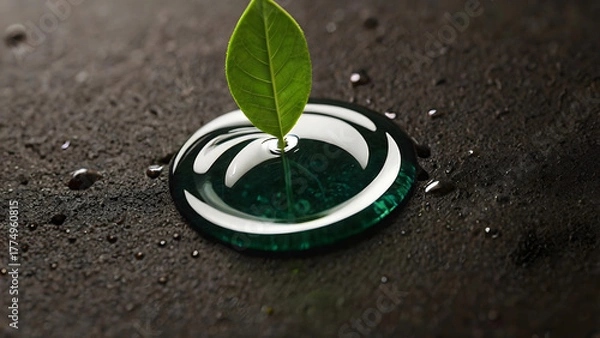 Fototapeta Fresh green leaf delicately rises from a pristine, emerald-hued liquid drop on a rugged, dark stone, encapsulating growth, purity, and eco-friendly concepts
