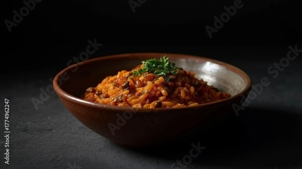 Fototapeta Savory Rice Dish with Herbs in a Rustic Bowl