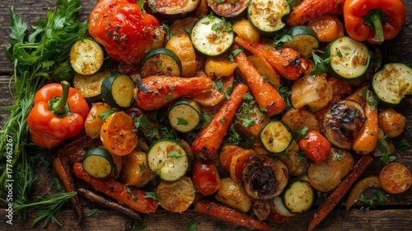 Fototapeta Colorful Roasted Vegetables on Rustic Wood Surface