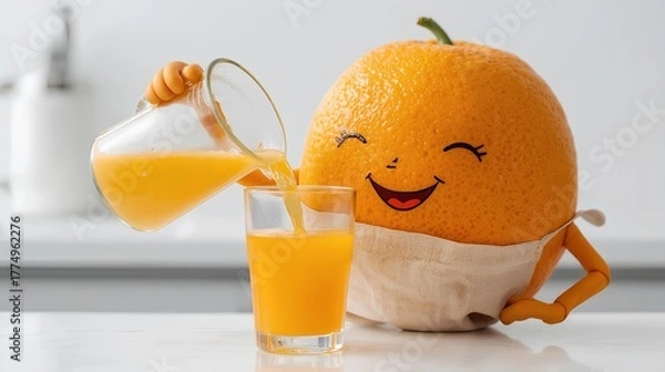 Fototapeta A cheerful anthropomorphic orange pours fresh juice into a glass with a big smile.