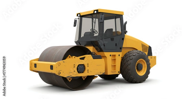 Fototapeta Yellow road roller heavy machine used for leveling roads, shown on a clean white background.