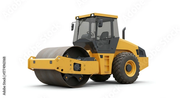 Obraz Yellow road roller heavy machine used for leveling roads, shown on a clean white background.