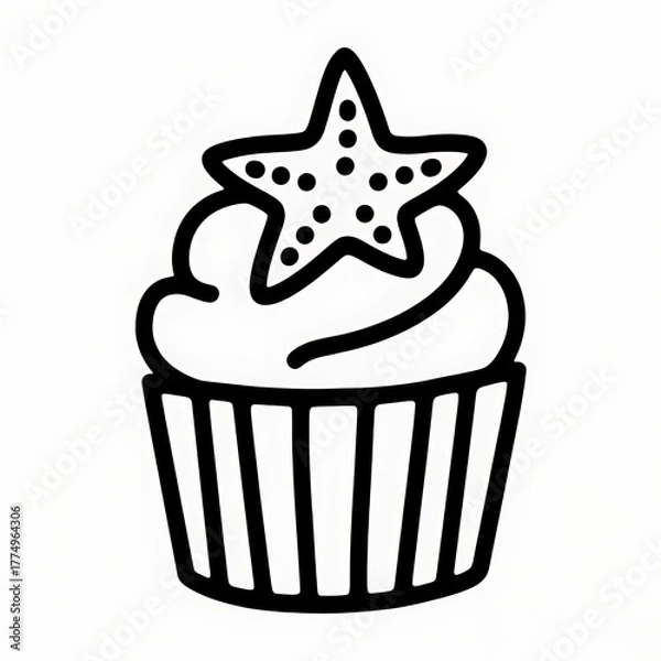Fototapeta Flat black and white line illustration of a cupcake with starfish