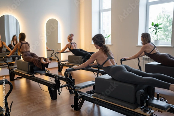 Fototapeta Fitness instructors performing pilates exercises using reformer beds and resistance bands, promoting healthy lifestyle and core strengthening