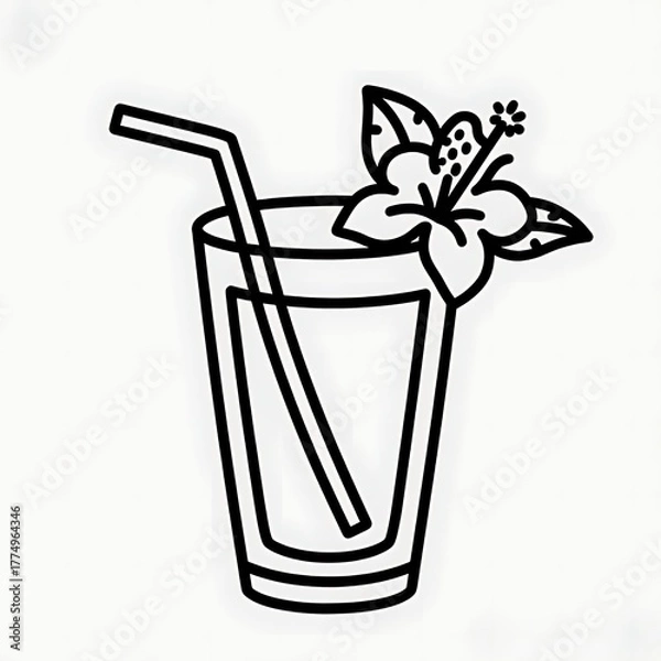 Fototapeta Flat black and white line illustration of a mocktail glass with coral straw and tropical flower