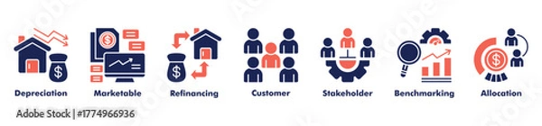 Fototapeta Business accounting icon set vector consist of depreciation, marketable, refinancing, customer, stakeholder, benchmarking, and allocation.