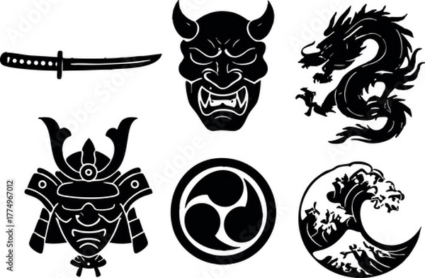 Fototapeta Japanese samurai mask dragon wave sword and helmet traditional symbols vector set for cultural design and illustration