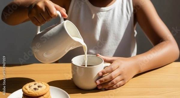 Fototapeta Child pouring milk into cup while sitting at a wooden table with cookies  