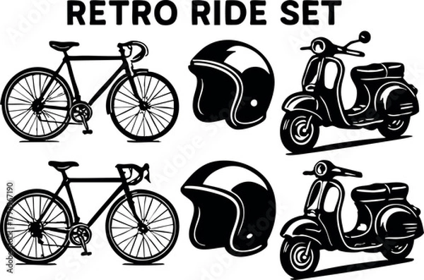Fototapeta Retro ride set featuring vintage bicycles helmets and classic scooters in black and white vector illustration