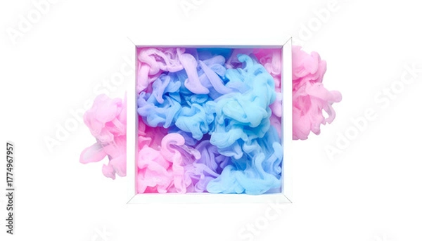Fototapeta A white framed box filled with swirling pastel smoke against a black background