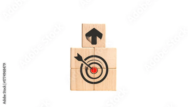 Fototapeta Wooden blocks arranged in a target shape with an arrow, surmounted by an upward arrow
