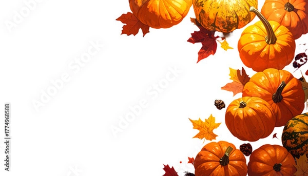 Fototapeta Autumnal image with pumpkins and leaves framing the right and top edge on black