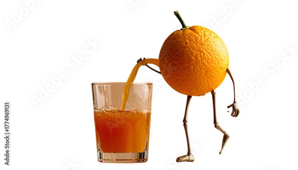 Fototapeta Anthropomorphic orange character pouring juice into a glass, isolated on a black background