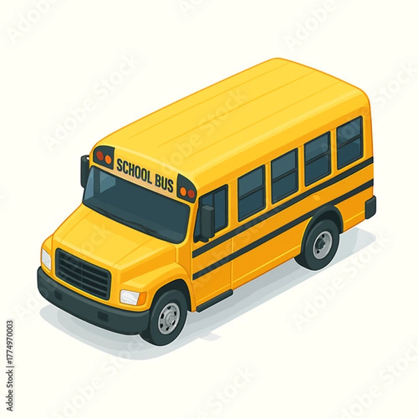 Fototapeta Vibrant yellow school bus illustration in isometric perspective, symbolizing education and safe transportation for students to and from learning institutions