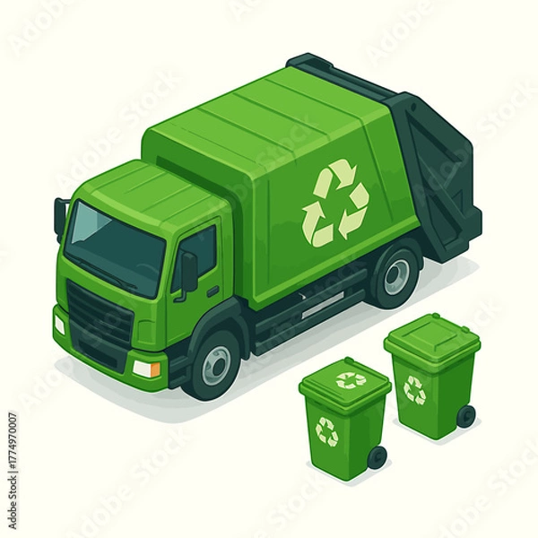Fototapeta Isometric vector illustration of a green garbage truck and recycling bins for waste management and environmental services