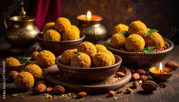 Fototapeta Festive Sweet Laddu Balls Overflowing In Ornate Bowls With Almonds And Candlelight Illuminating A Warm Inviting Scene