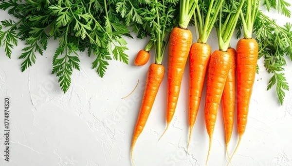 Fototapeta Fresh Orange Carrots with Green Stems and Leaves Displayed on a White Textured Surface with Small Speckles