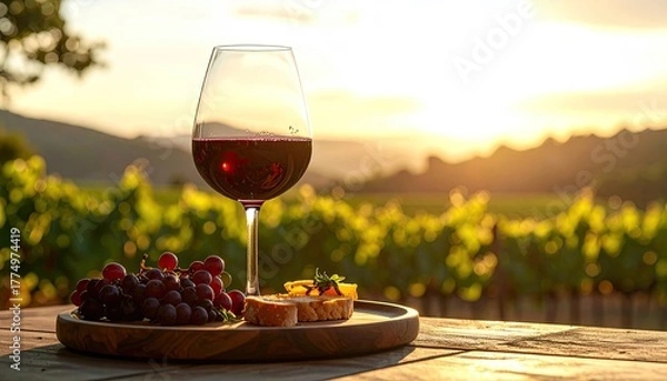 Fototapeta Glass of red wine with grapes and cheese platter on wooden table in vineyard at sunset with warm golden light and blurred background of grapevines and hills