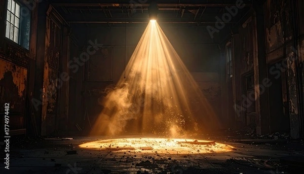 Fototapeta Golden Light Beam Illuminates Dusty Abandoned Room With Glowing Particles And Textured Walls