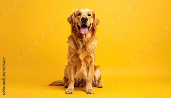 Fototapeta Golden Retriever Dog Sitting Happily on a Vibrant Yellow Background Studio Portrait