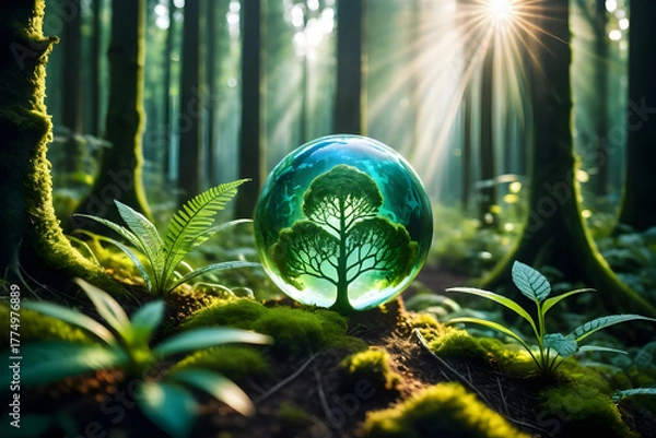Fototapeta Lush forest globe art with tree silhouette shows carbon cycle in vibrant light with molecular wonder, serene mood, soft sun rays, green moss floor