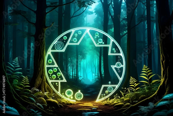 Fototapeta Glowing portal forest neon circle symbol mystical path fantasy woodland bioluminescent fern fog night green light carbon cycle molecular wonder