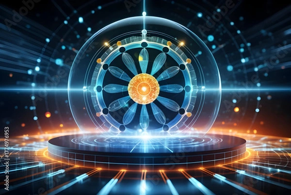 Fototapeta Futuristic atom model glowing core carbon cycle molecular energy orbit science fiction neon sphere quantum design symmetry on dark background